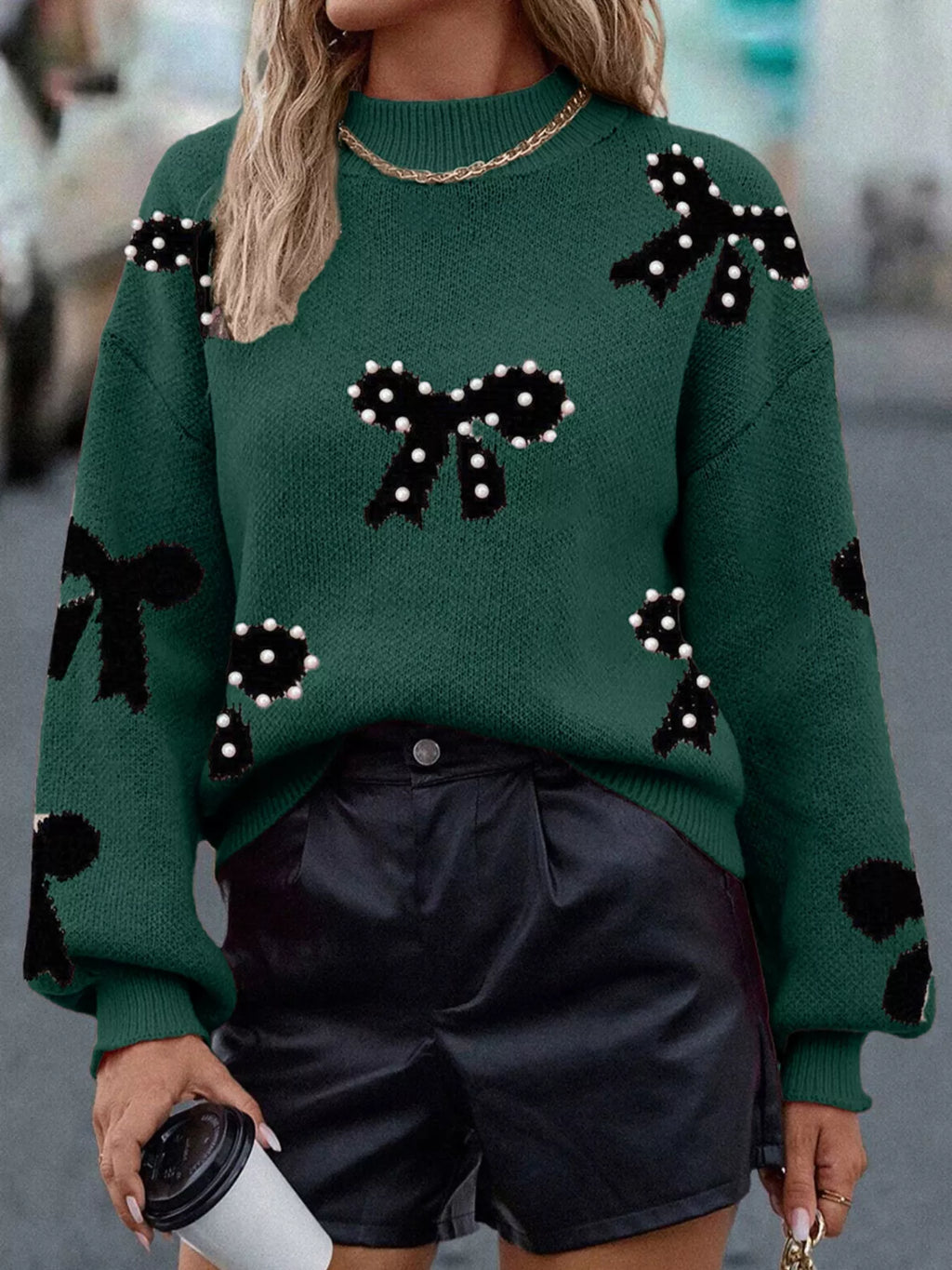 Pearl Bow-Embellished Long Sleeve Sweater - Elvaré Store