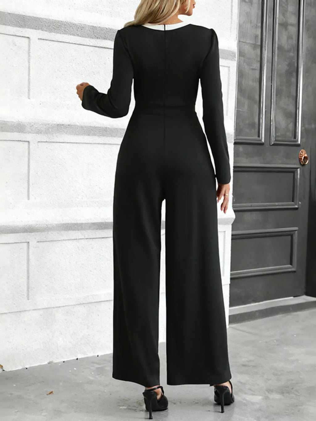 Button-Decor Long Sleeve Wide Leg Jumpsuit - Elvaré Store