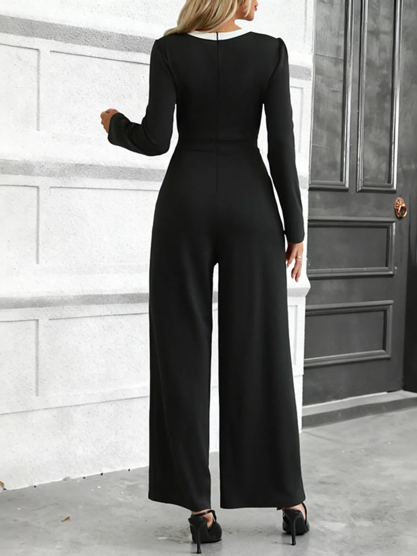 Button-Decor Long Sleeve Wide Leg Jumpsuit - Elvaré Store