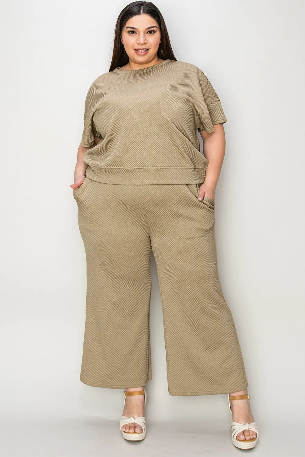 Double Take Full Size Texture Short Sleeve Top and Pants Set - Elvaré Store