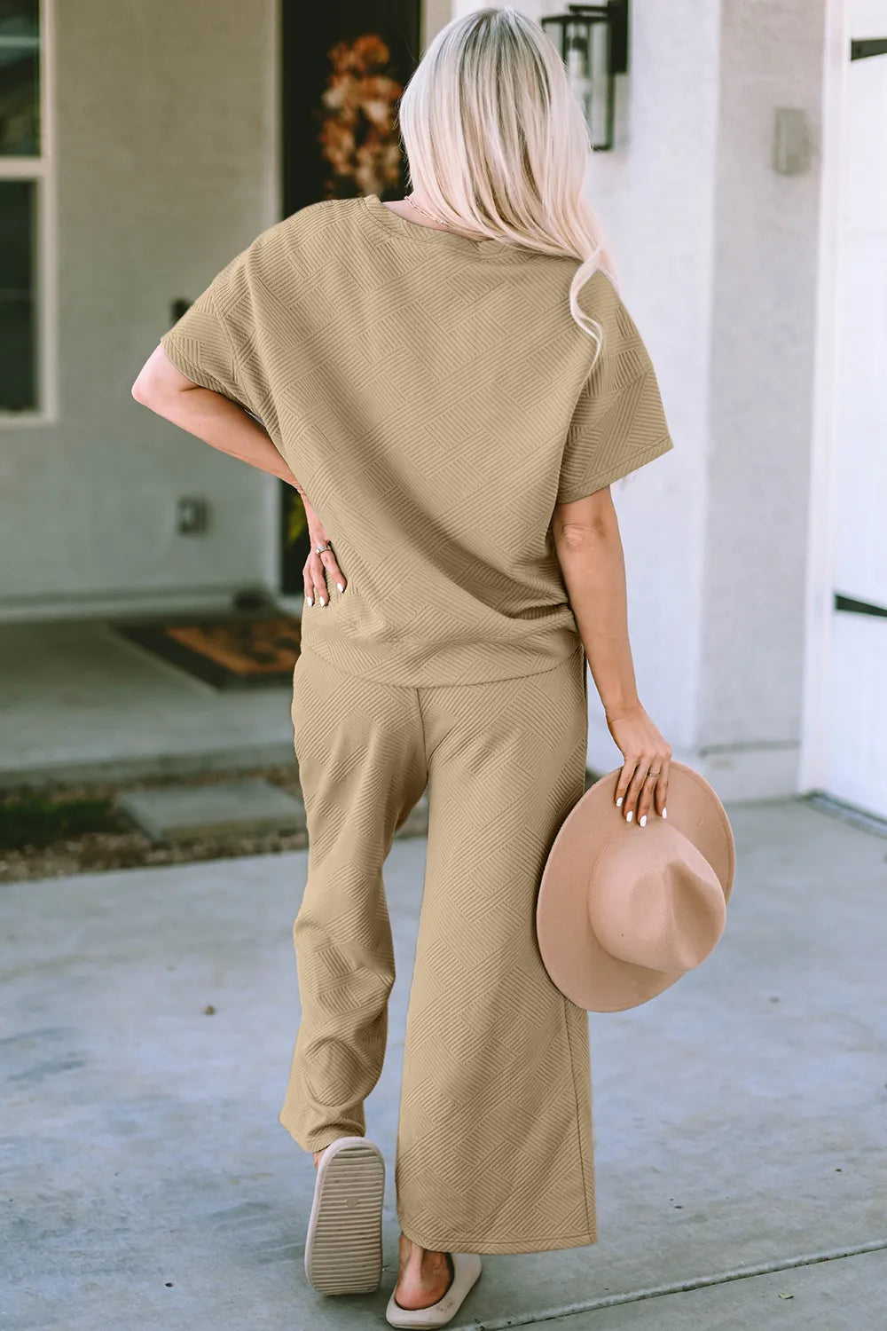 Double Take Full Size Texture Short Sleeve Top and Pants Set - Elvaré Store