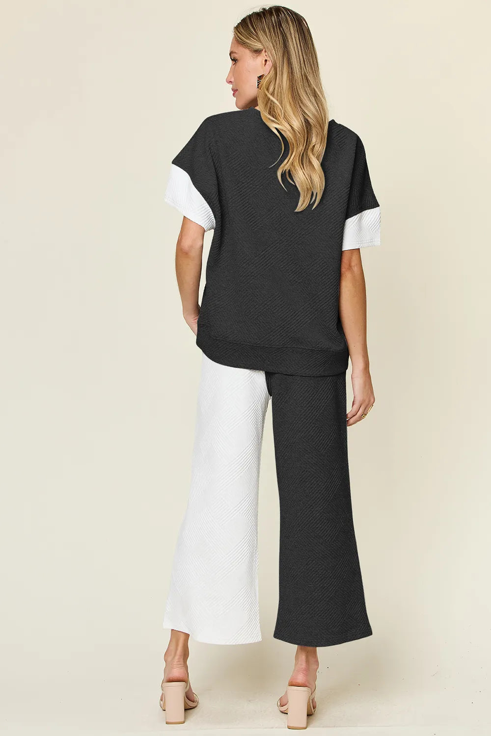 Double Take Full Size Texture Contrast T-Shirt and Wide Leg Pants Set - Elvaré Store
