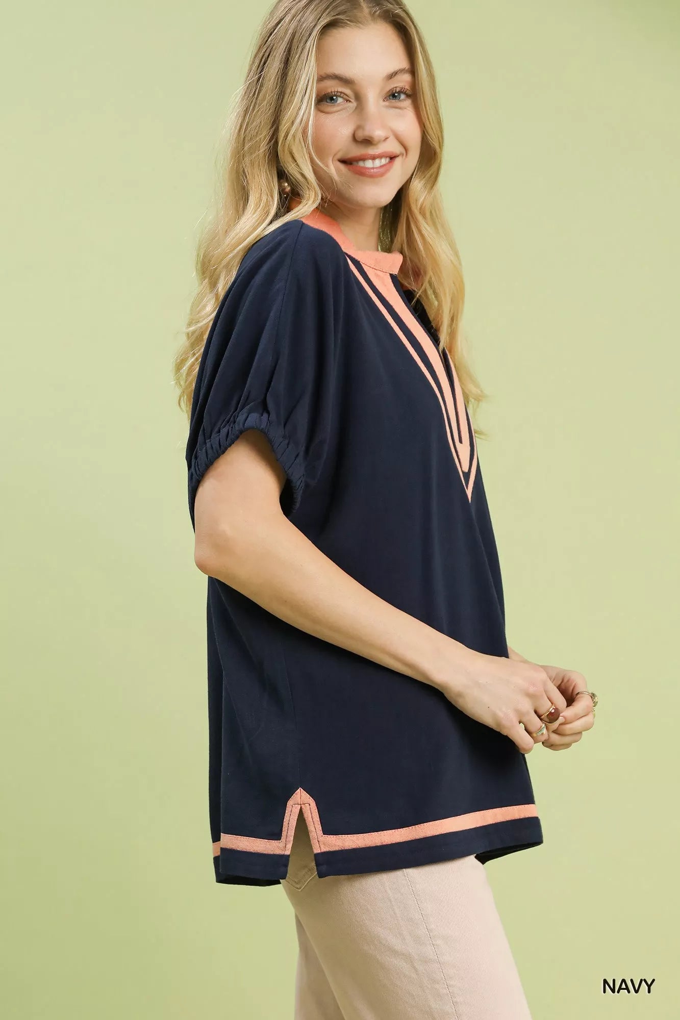 Umgee Linen Contrast Trim V-Neck Blouse - Elvaré Store