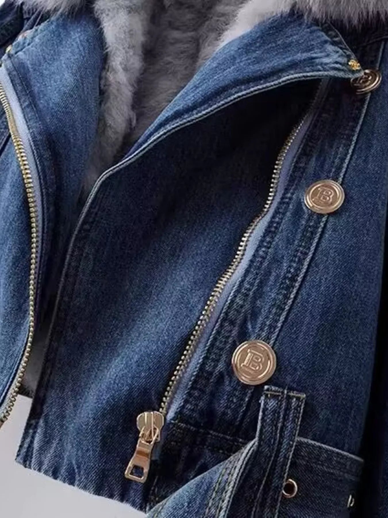 Full Size Faux Fur Collar Denim Jacket Plus Size - Elvaré Store