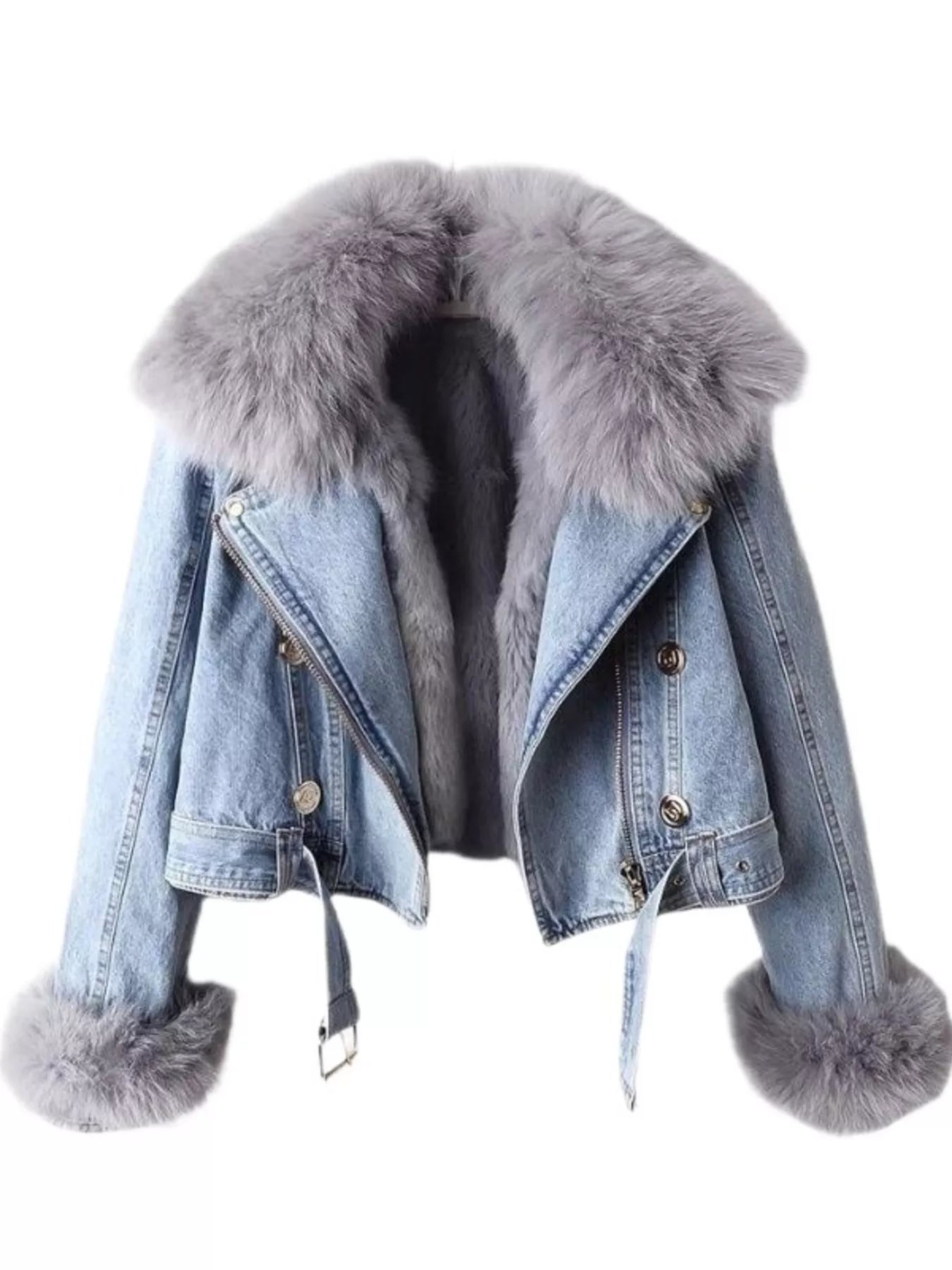 Full Size Faux Fur Collar Denim Jacket Plus Size - Elvaré Store