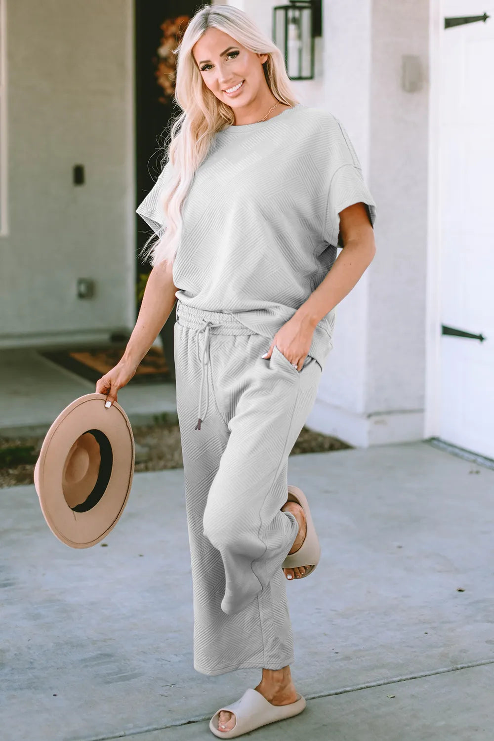 Double Take Full Size Texture Short Sleeve Top and Pants Set - Elvaré Store