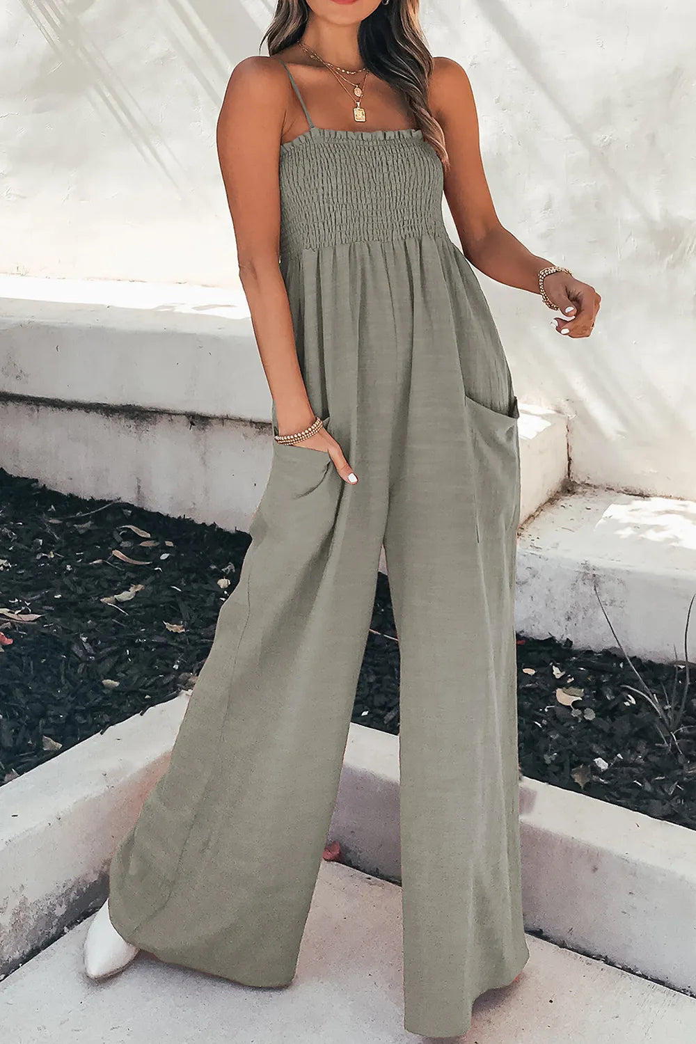 Smocked Spaghetti Strap Wide Leg Jumpsuit - Elvaré Store