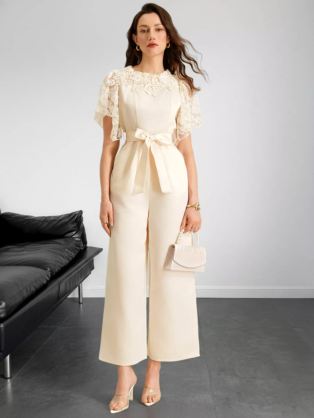 Lace Trim Belted Wide Leg Jumpsuit - Elvaré Store