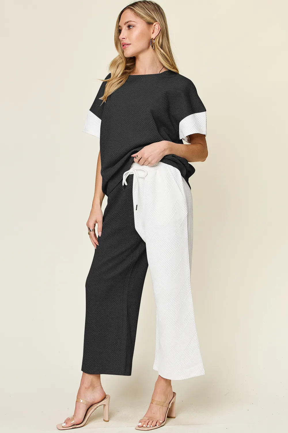 Double Take Full Size Texture Contrast T-Shirt and Wide Leg Pants Set - Elvaré Store
