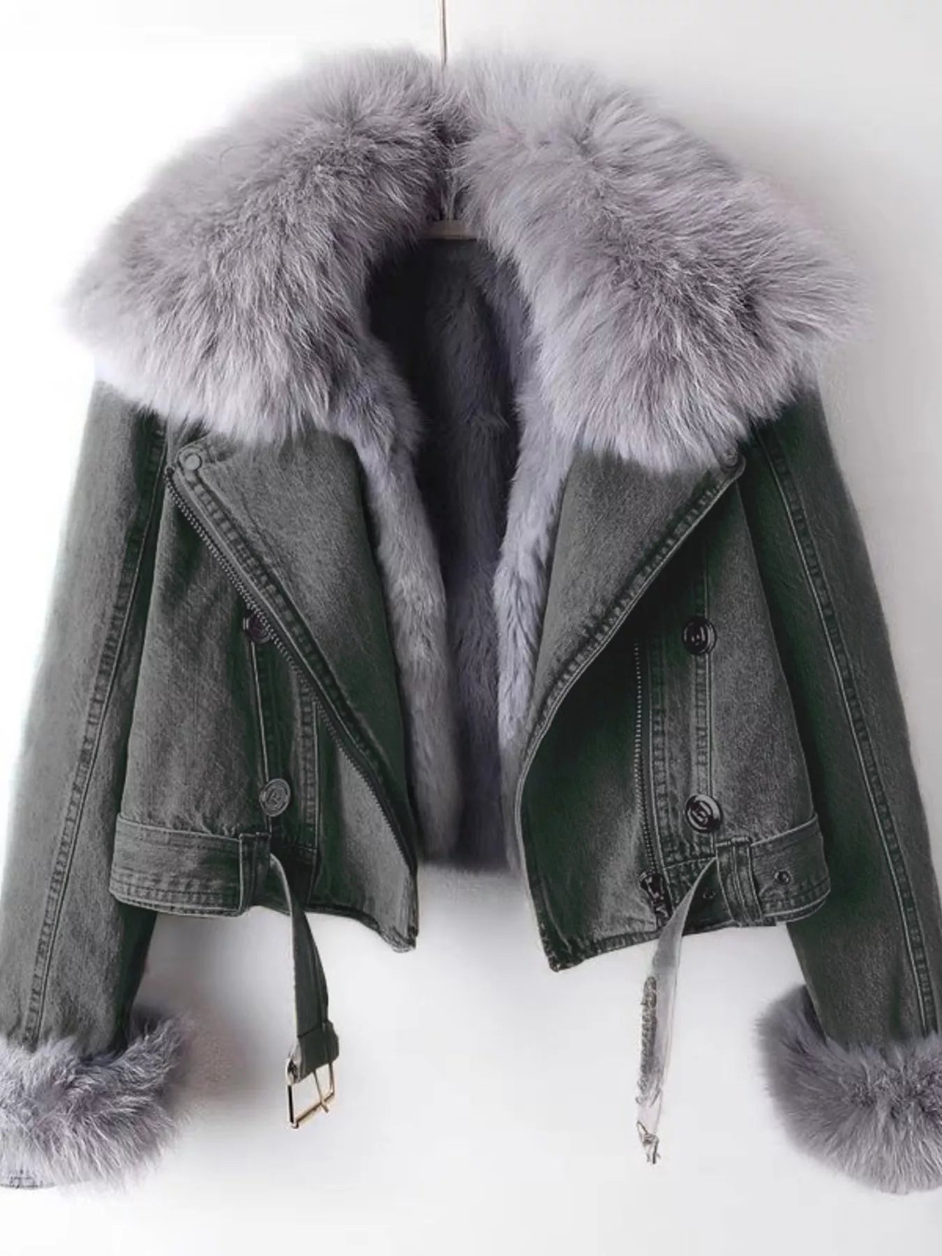 Full Size Faux Fur Collar Denim Jacket Plus Size - Elvaré Store