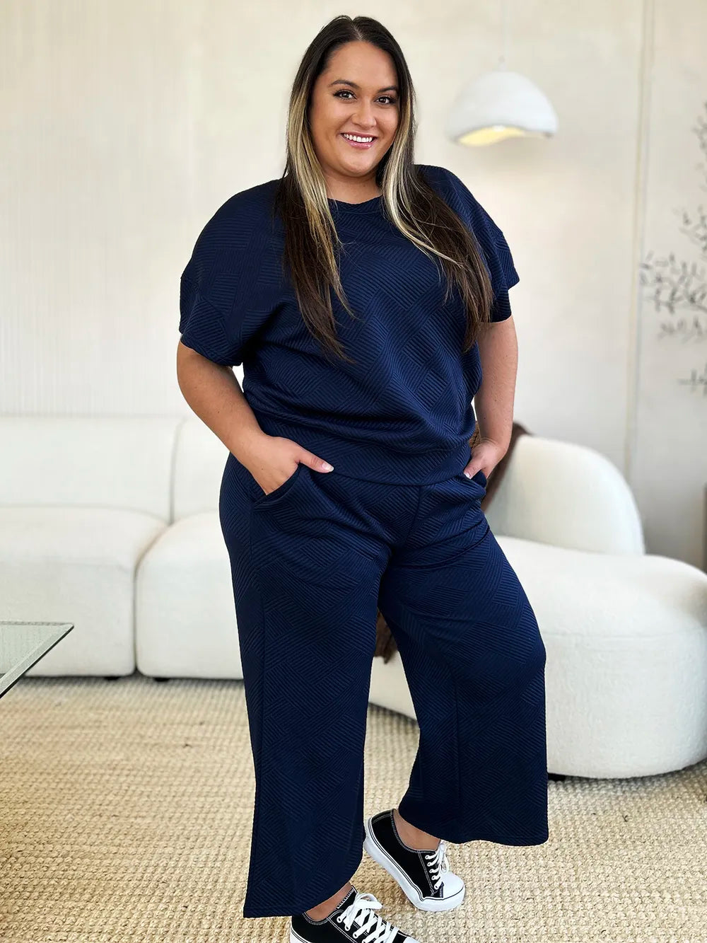 Double Take Full Size Texture Short Sleeve Top and Pants Set - Elvaré Store