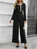 Button-Decor Long Sleeve Wide Leg Jumpsuit - Elvaré Store
