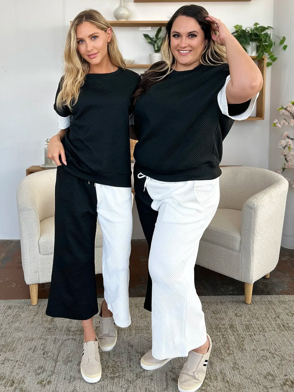 Double Take Full Size Texture Contrast T-Shirt and Wide Leg Pants Set - Elvaré Store