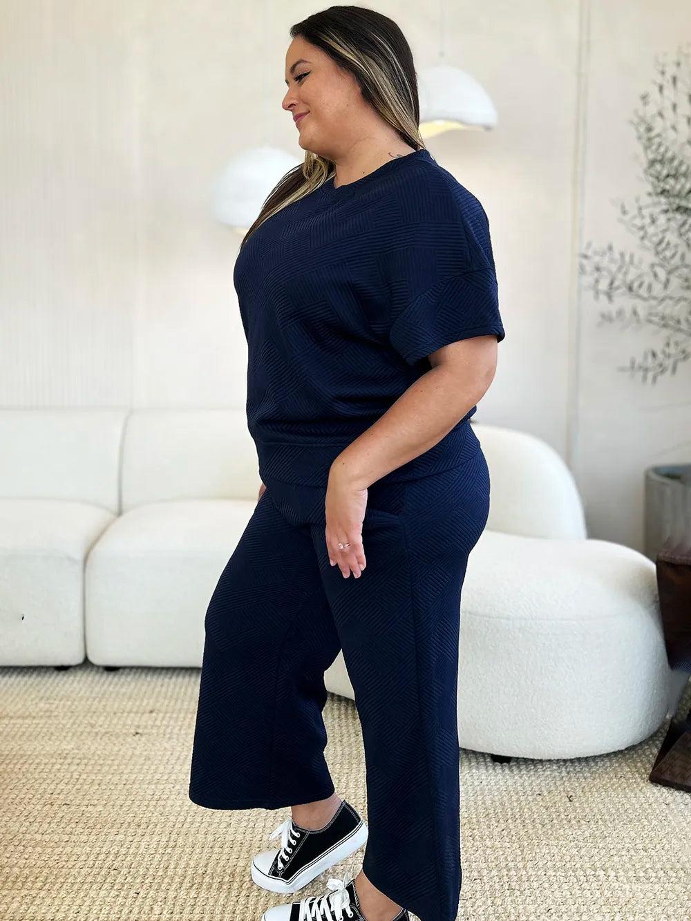 Double Take Full Size Texture Short Sleeve Top and Pants Set - Elvaré Store