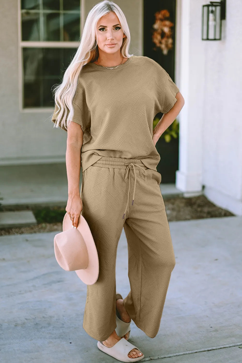 Double Take Full Size Texture Short Sleeve Top and Pants Set - Elvaré Store
