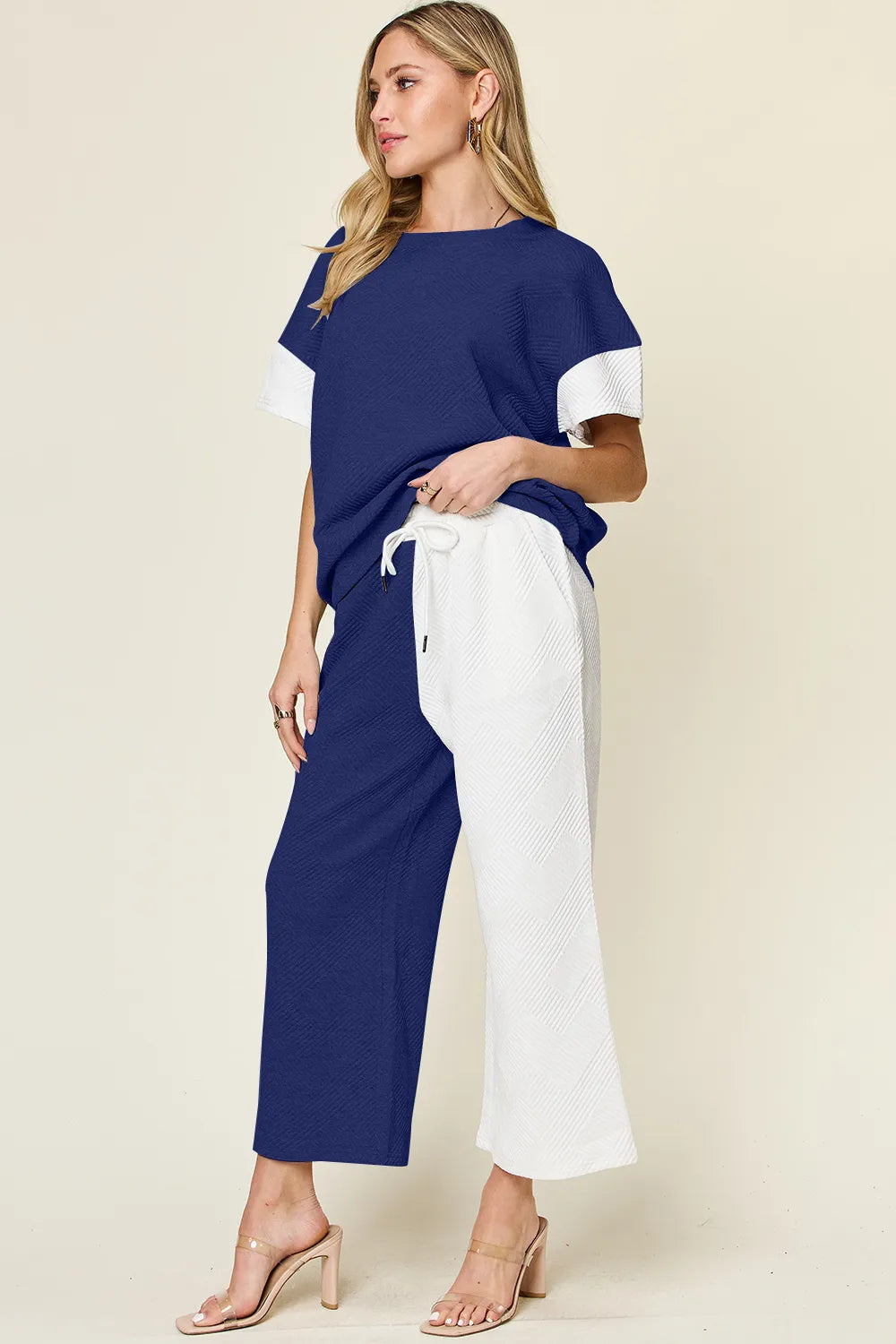 Double Take Full Size Texture Contrast T-Shirt and Wide Leg Pants Set - Elvaré Store