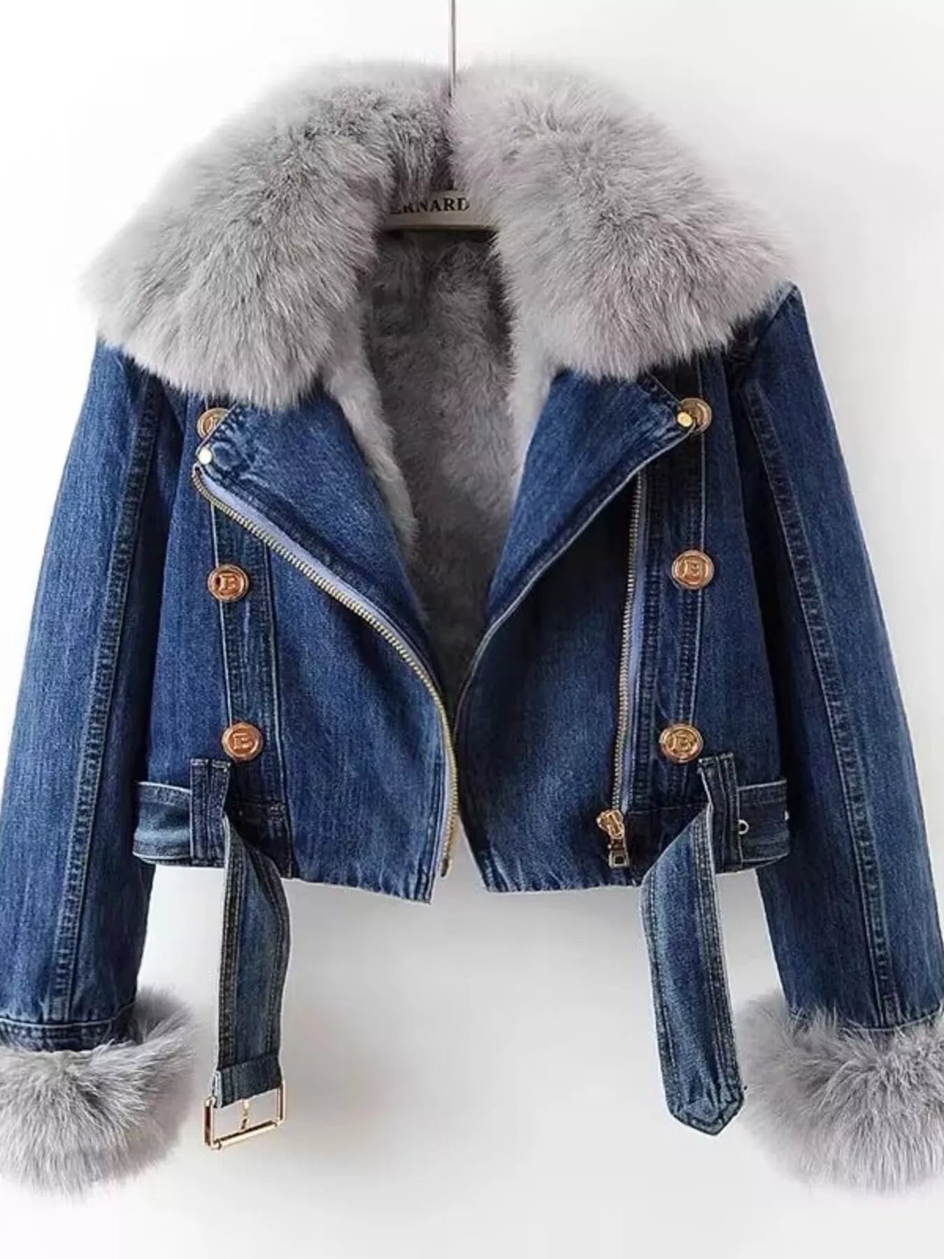 Full Size Faux Fur Collar Denim Jacket Plus Size - Elvaré Store