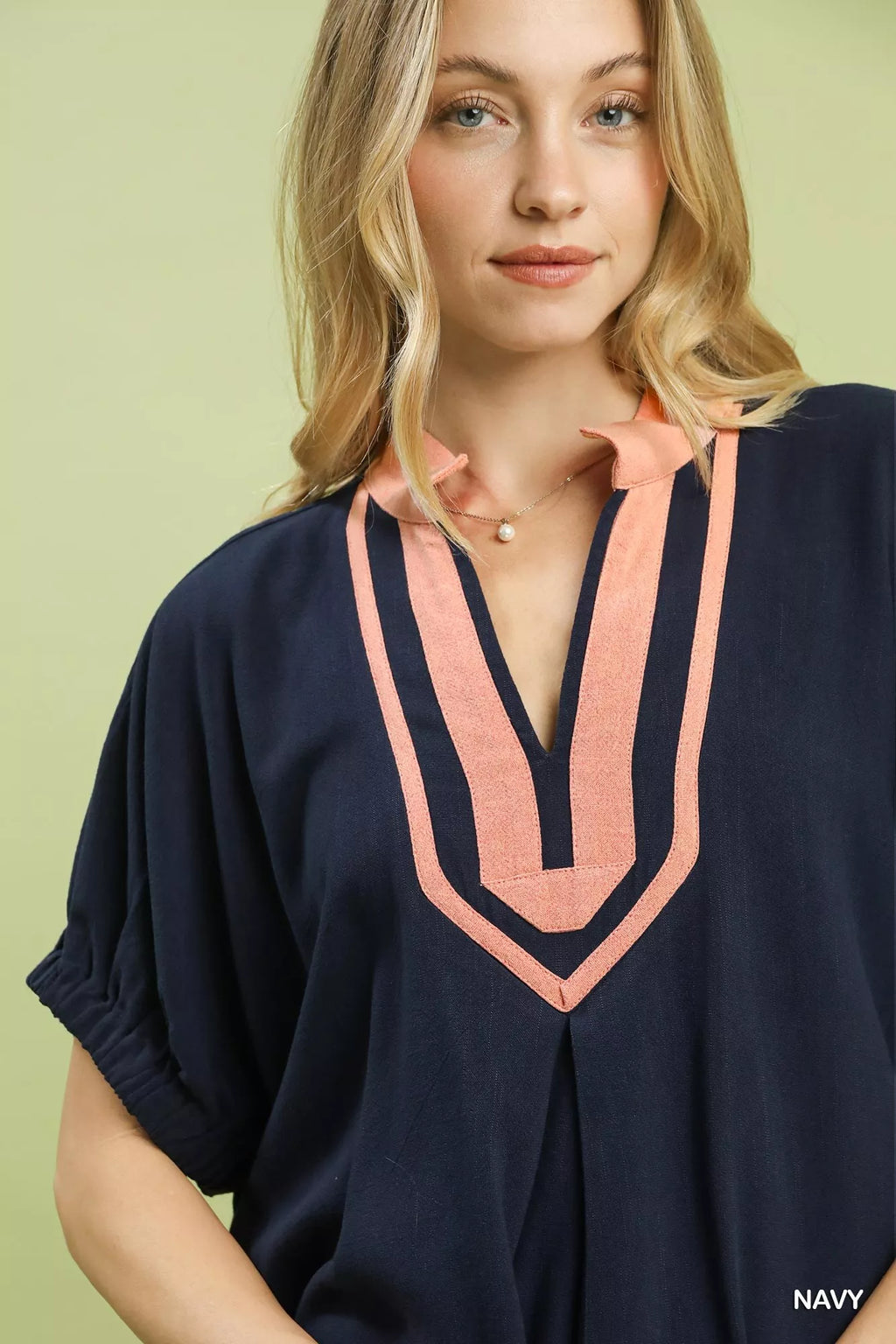 Umgee Linen Contrast Trim V-Neck Blouse - Elvaré Store