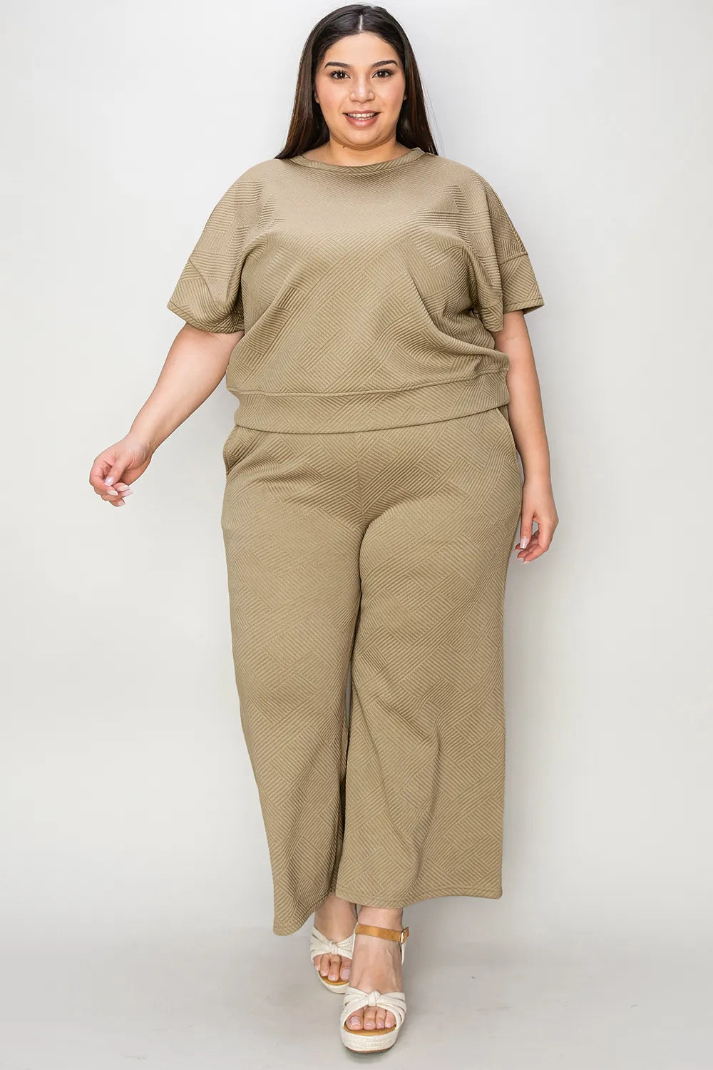 Double Take Full Size Texture Short Sleeve Top and Pants Set - Elvaré Store