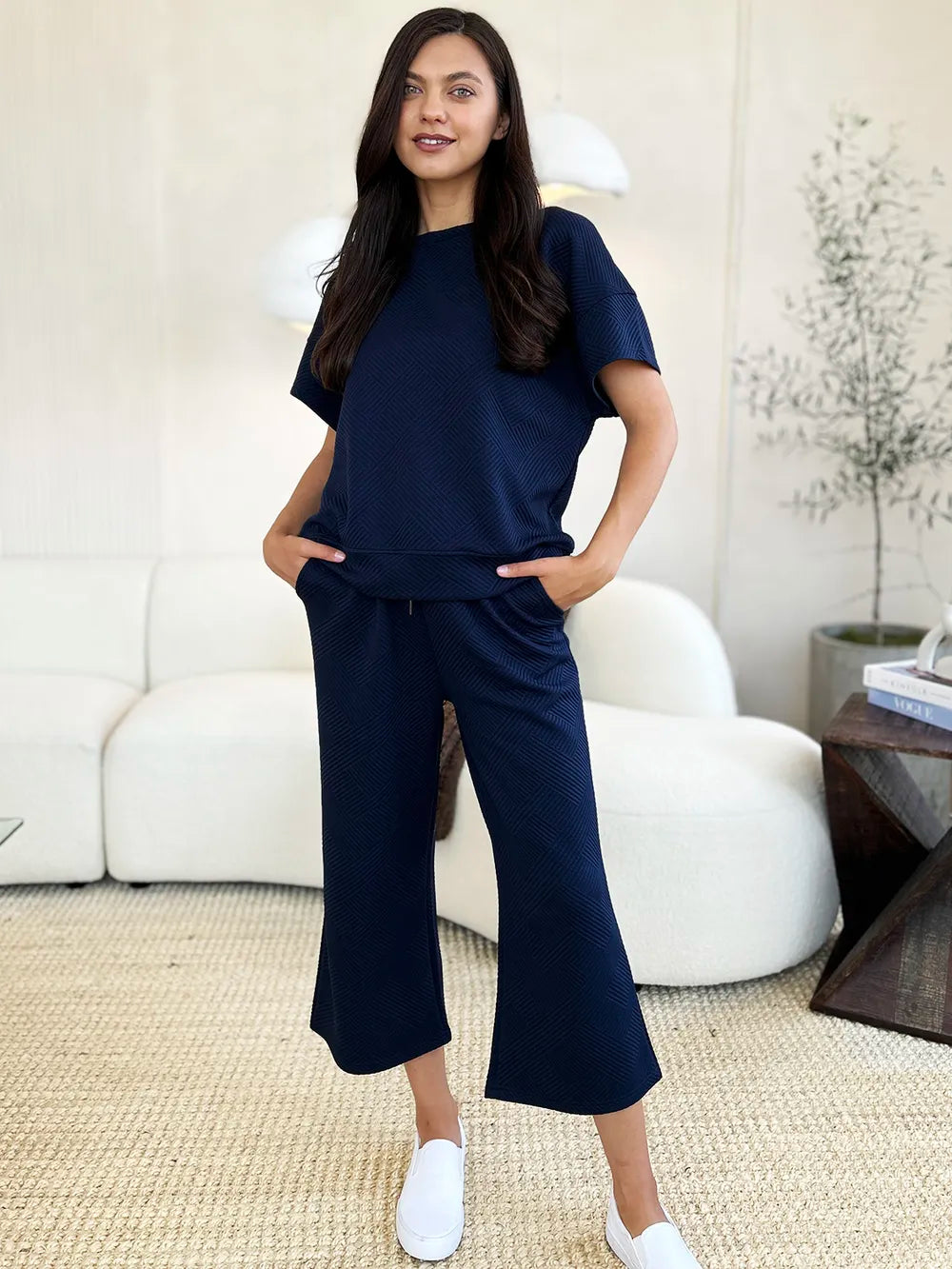 Double Take Full Size Texture Short Sleeve Top and Pants Set - Elvaré Store