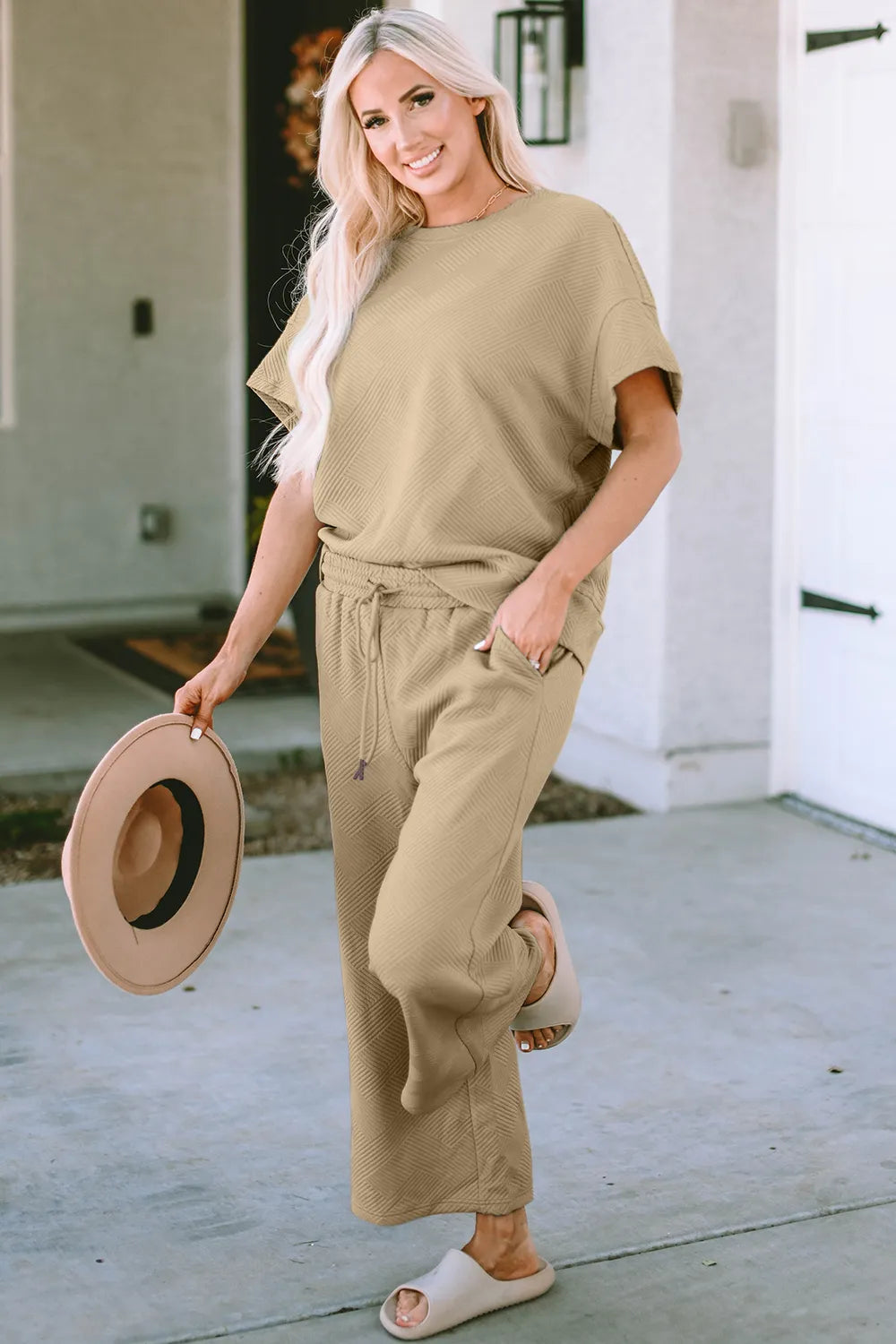 Double Take Full Size Texture Short Sleeve Top and Pants Set - Elvaré Store
