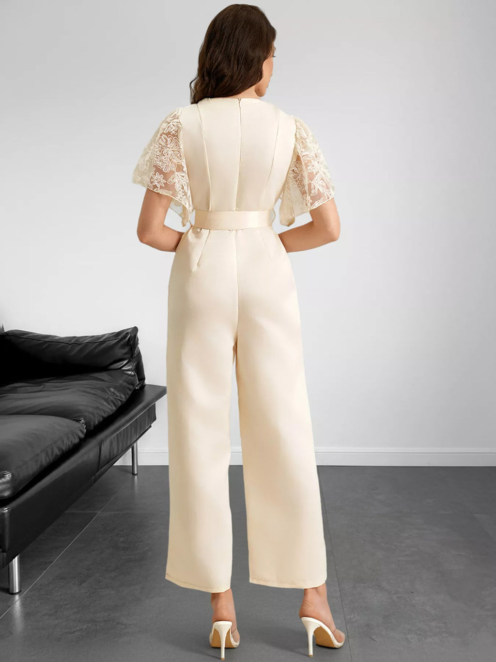 Lace Trim Belted Wide Leg Jumpsuit - Elvaré Store