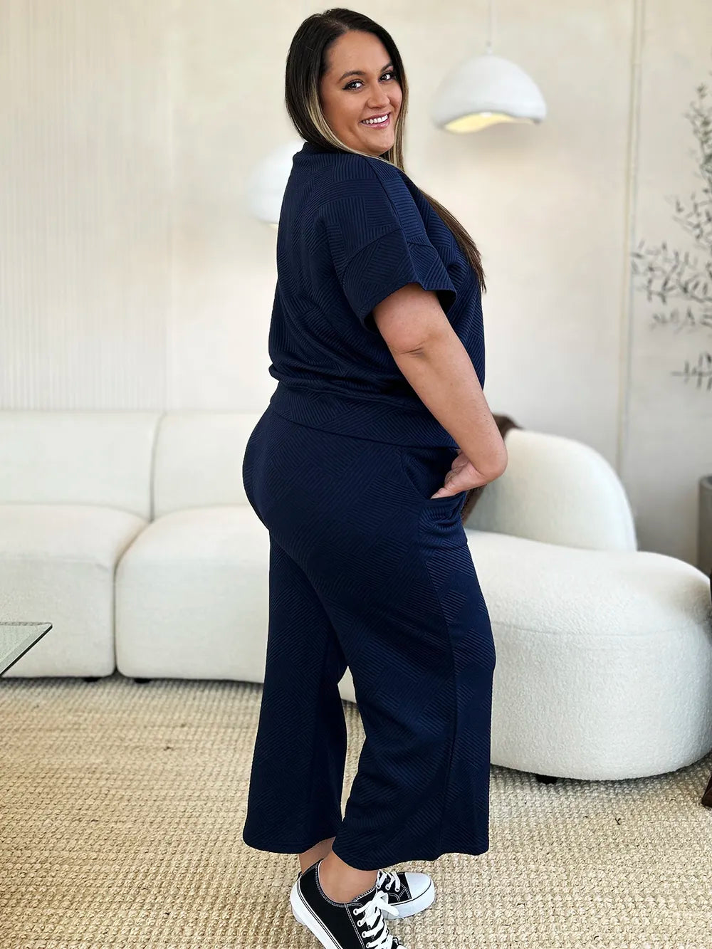 Double Take Full Size Texture Short Sleeve Top and Pants Set - Elvaré Store