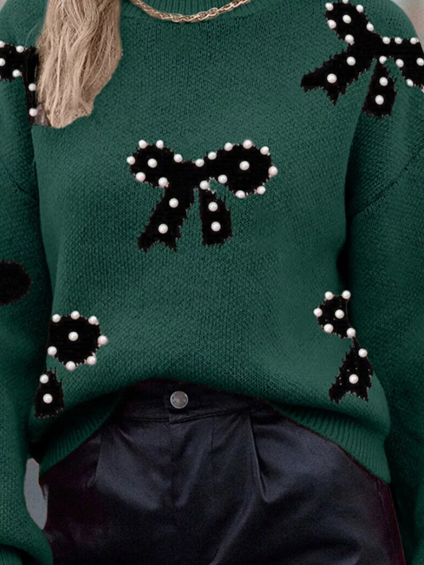 Pearl Bow-Embellished Long Sleeve Sweater - Elvaré Store