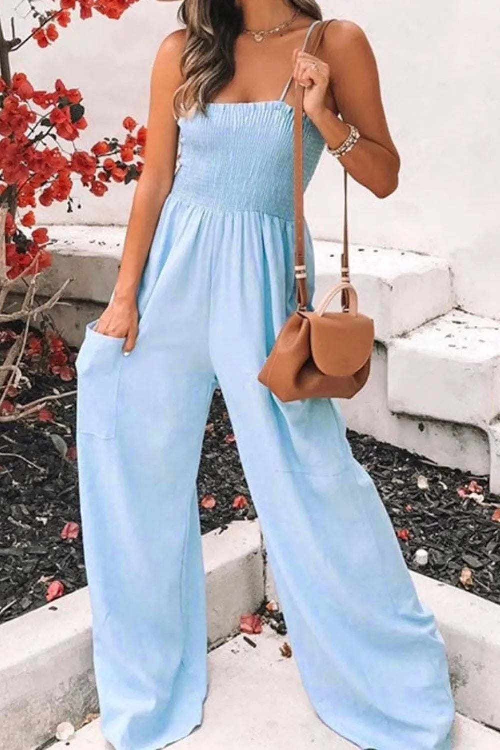 Smocked Spaghetti Strap Wide Leg Jumpsuit - Elvaré Store