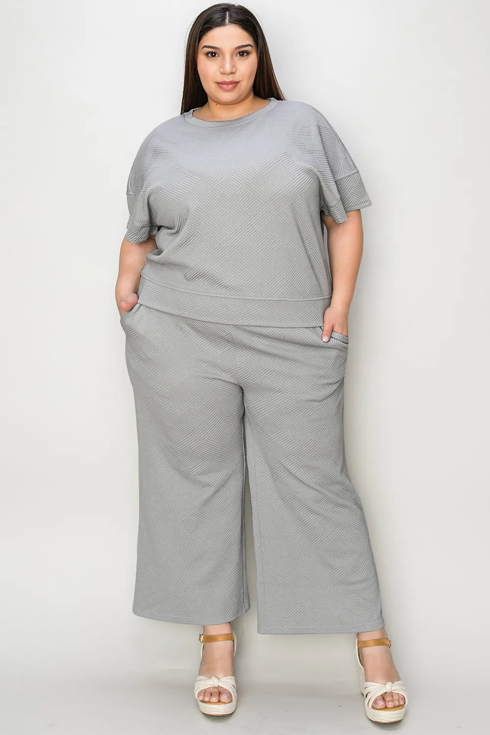 Double Take Full Size Texture Short Sleeve Top and Pants Set - Elvaré Store