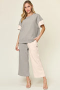 Double Take Full Size Texture Contrast T-Shirt and Wide Leg Pants Set - Elvaré Store