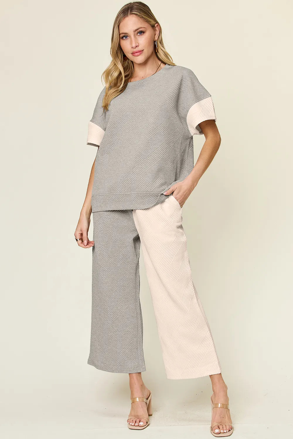 Double Take Full Size Texture Contrast T-Shirt and Wide Leg Pants Set - Elvaré Store