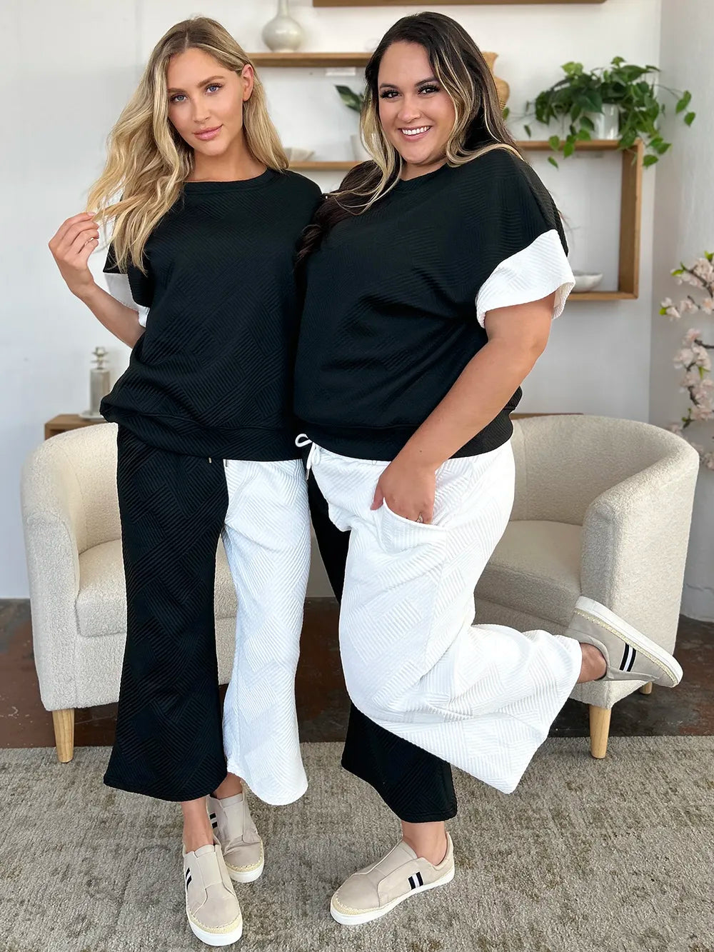 Double Take Full Size Texture Contrast T-Shirt and Wide Leg Pants Set - Elvaré Store