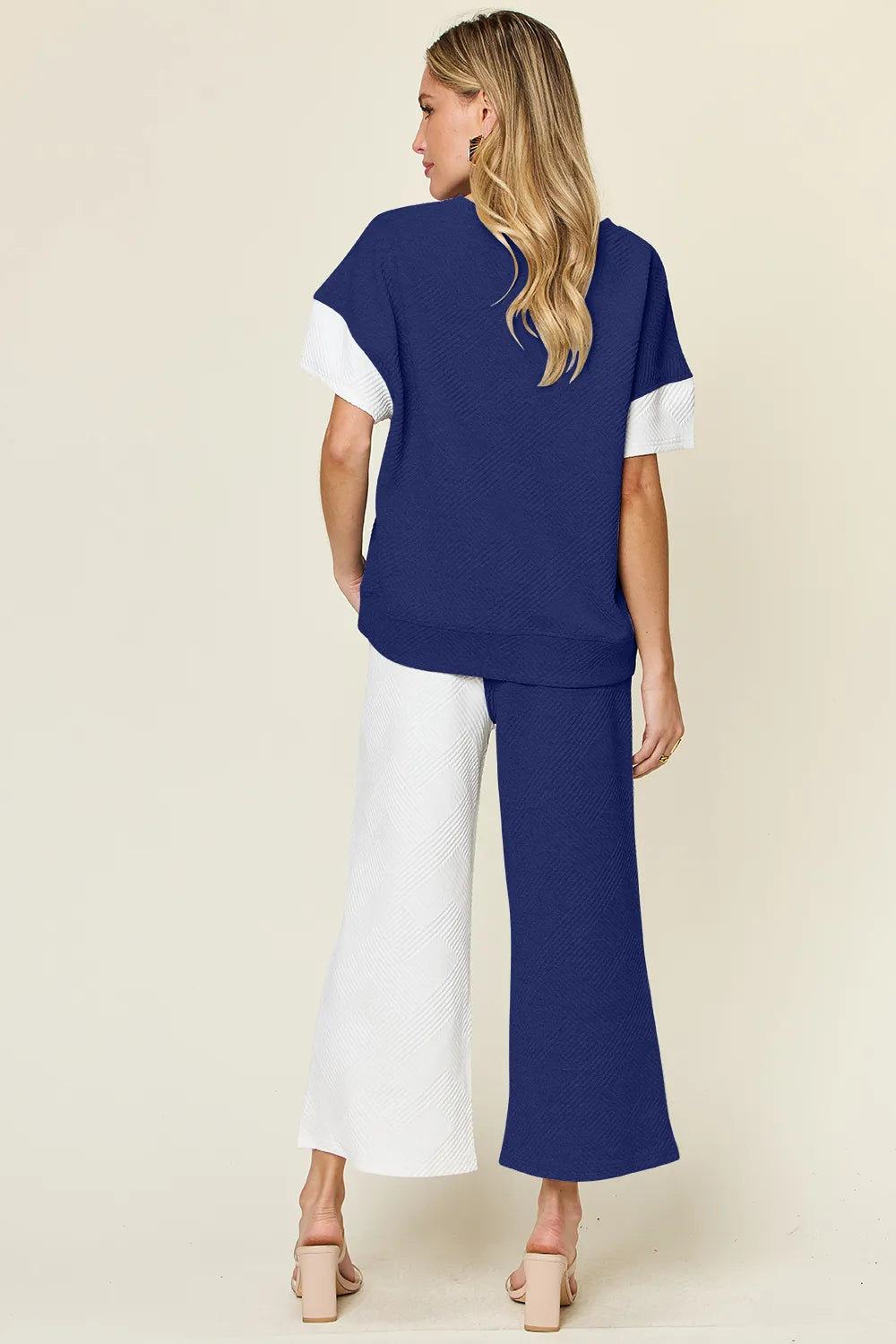 Double Take Full Size Texture Contrast T-Shirt and Wide Leg Pants Set - Elvaré Store