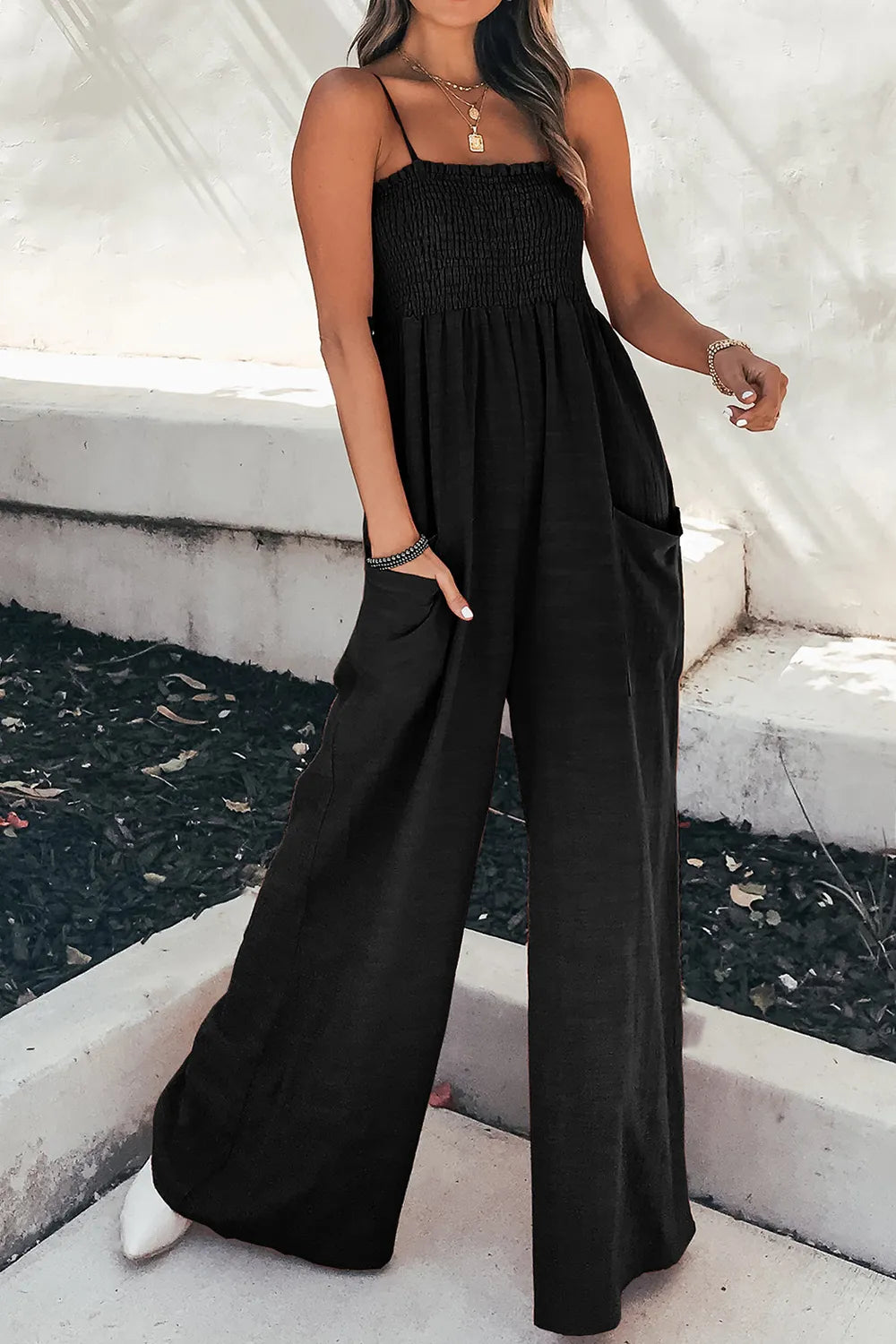Smocked Spaghetti Strap Wide Leg Jumpsuit - Elvaré Store