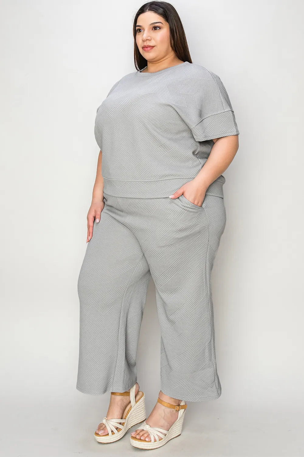 Double Take Full Size Texture Short Sleeve Top and Pants Set - Elvaré Store