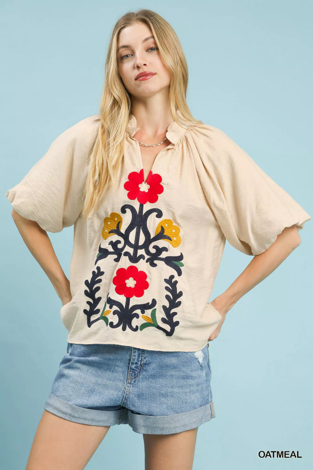 Umgee Embroidered Boho Puff Sleeve Blouse - Elvaré Store