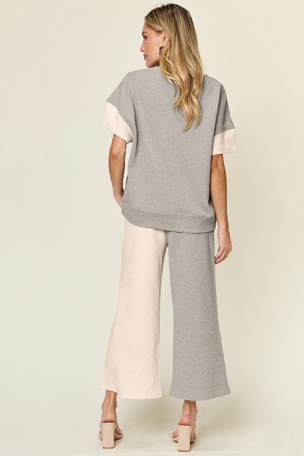 Double Take Full Size Texture Contrast T-Shirt and Wide Leg Pants Set - Elvaré Store
