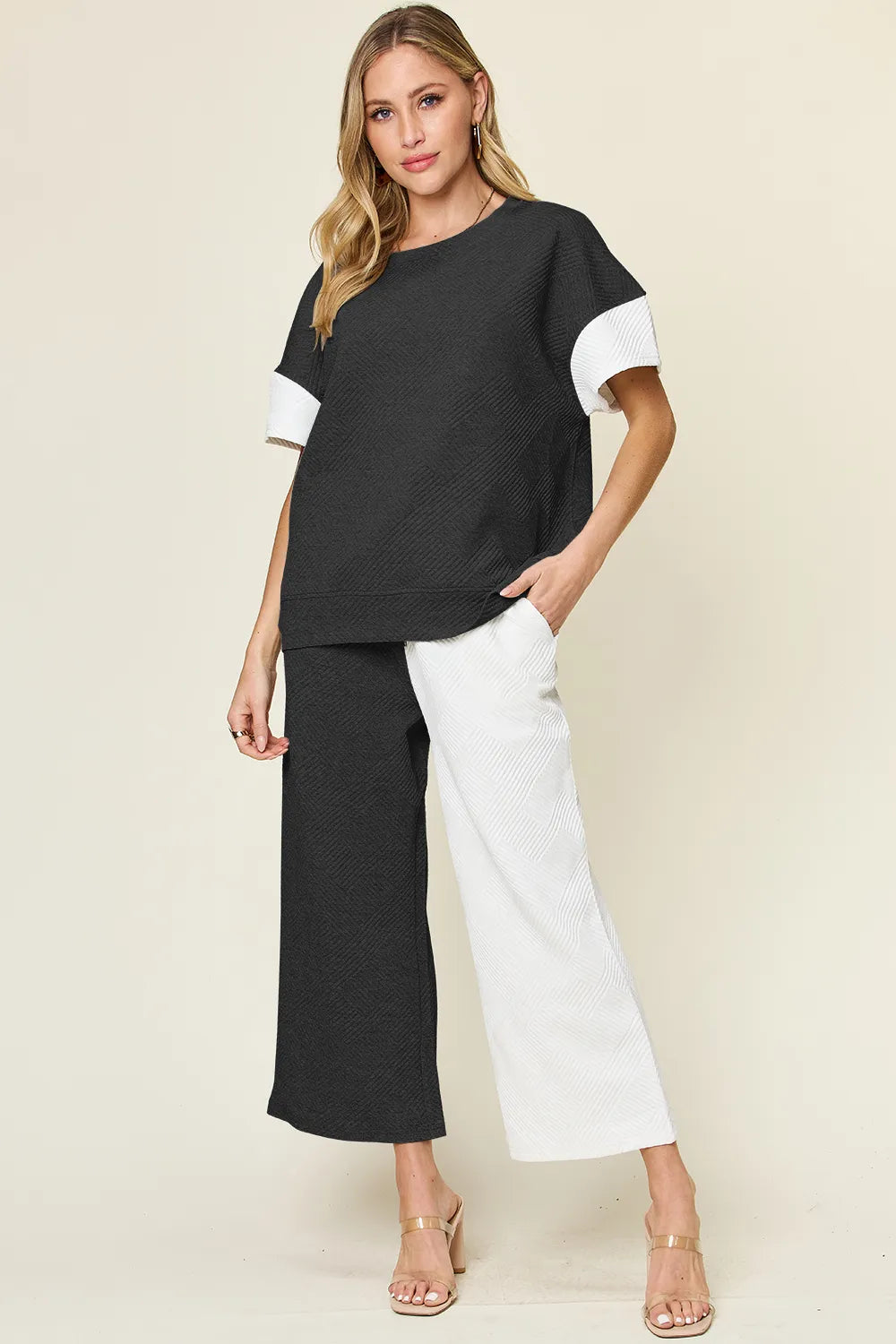 Double Take Full Size Texture Contrast T-Shirt and Wide Leg Pants Set - Elvaré Store