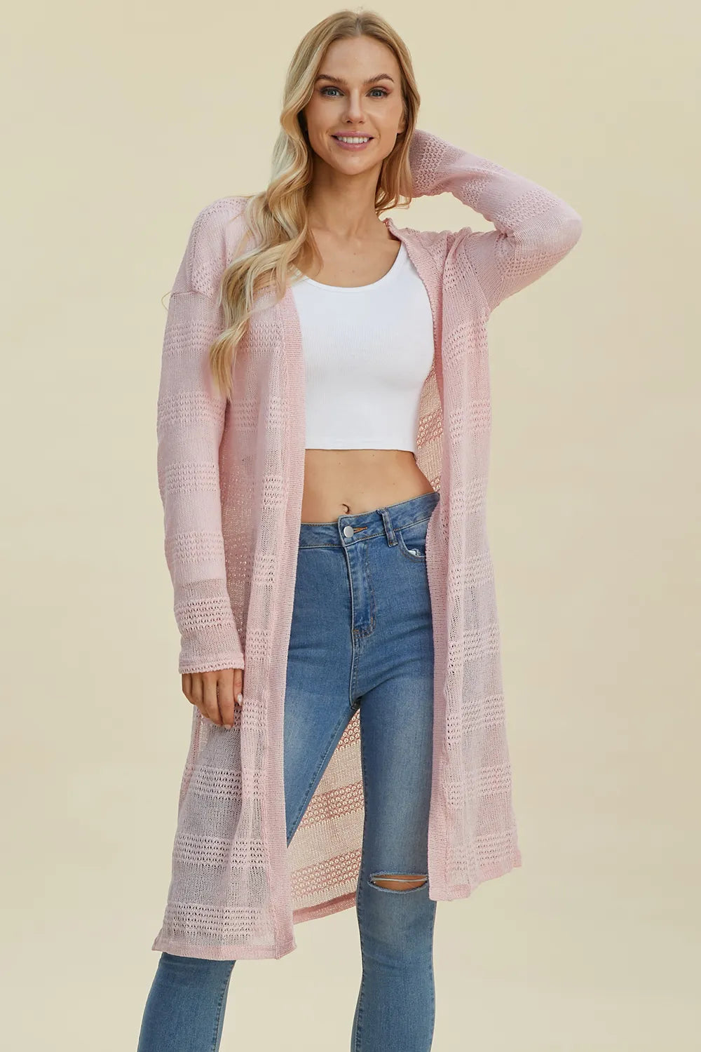Double Take Full Size Open Front Longline Cardigan. - Elvaré Store