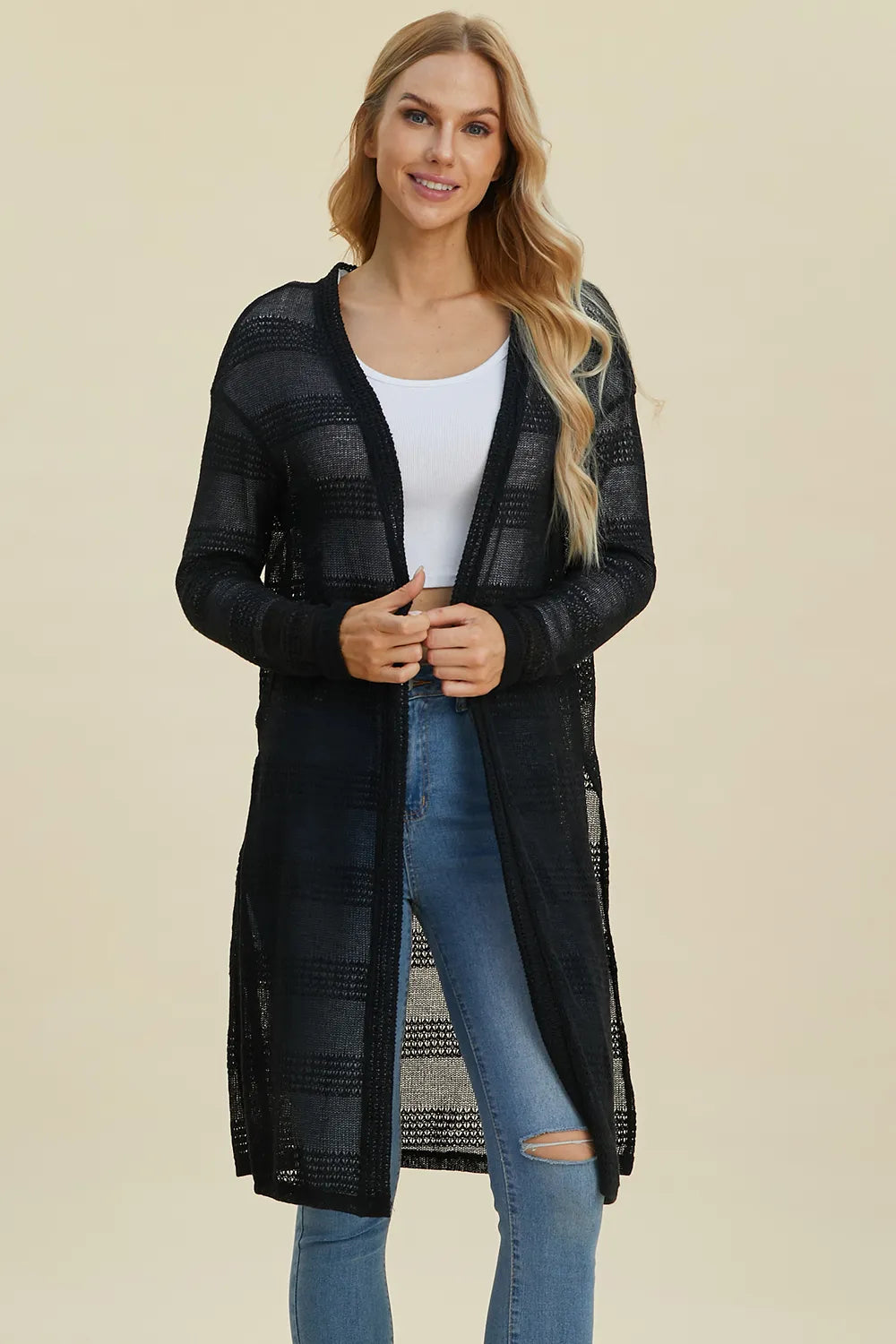 Double Take Full Size Open Front Longline Cardigan. - Elvaré Store