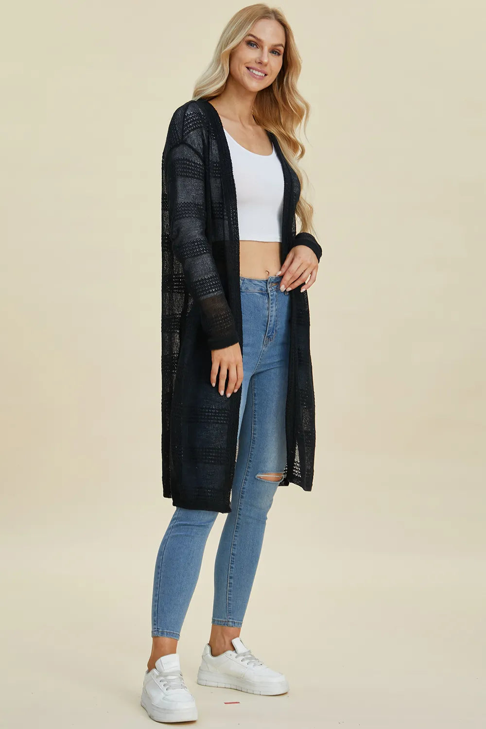 Double Take Full Size Open Front Longline Cardigan. - Elvaré Store