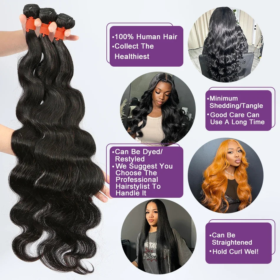 Body Wave Raw Bundles 100% Human Hair 30 40 Inch 3 4 Remy Brazilian Water Wave Hair Bundles Weaving Double Drawn Hair Extensions
