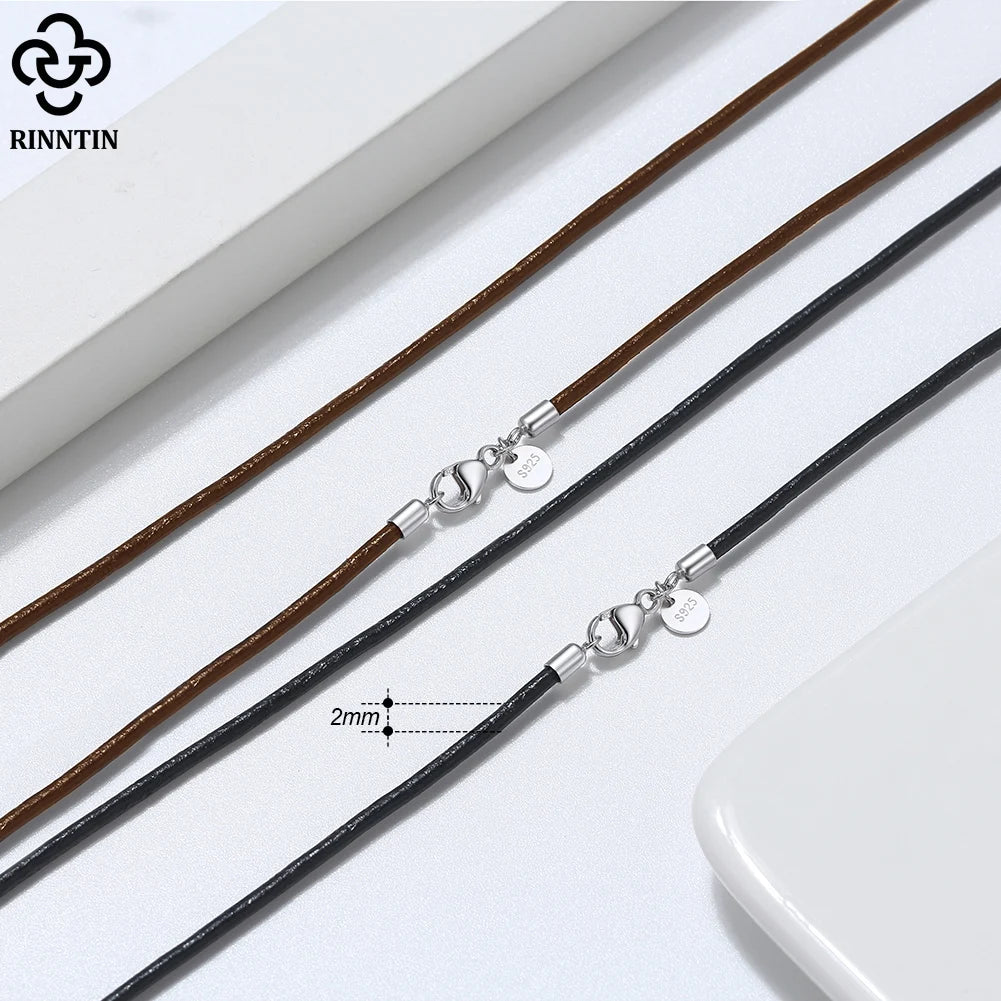 Rinntin Genuine Italian 2mm Black Leather Cord Chain Necklace for Women Men with 925 Sterling Silver Clasp Fashion Jewelry SC62