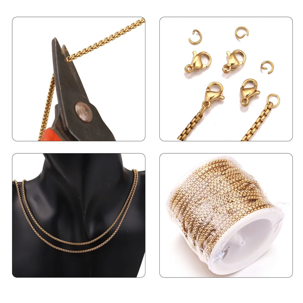 10m Stainless Steel Gold Box Chains Jump Ring and Lobster Clasp Jewelry Set for DIY Necklace Bracelet Anklet Making Wholesale