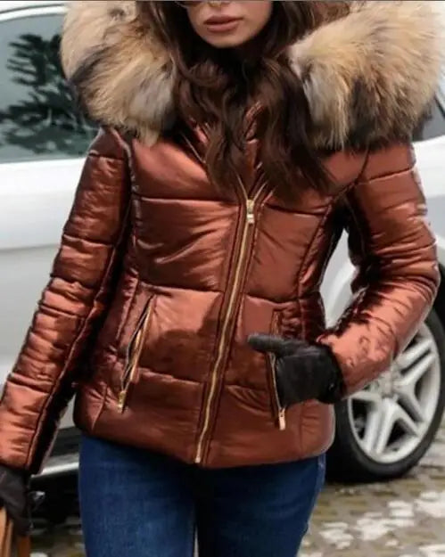 Women Thick Parka Fur Collar Hooded Jacket Coat 2021 Winter Ladies Casual Zipper Short Jacket Fashion Cotton Padded Warm Outwear