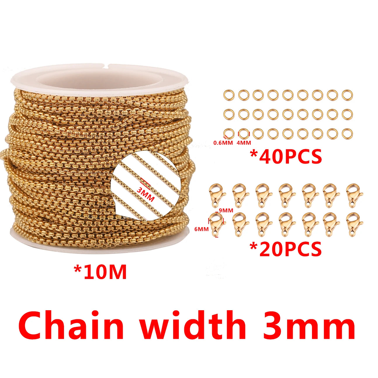 10m Stainless Steel Gold Box Chains Jump Ring and Lobster Clasp Jewelry Set for DIY Necklace Bracelet Anklet Making Wholesale
