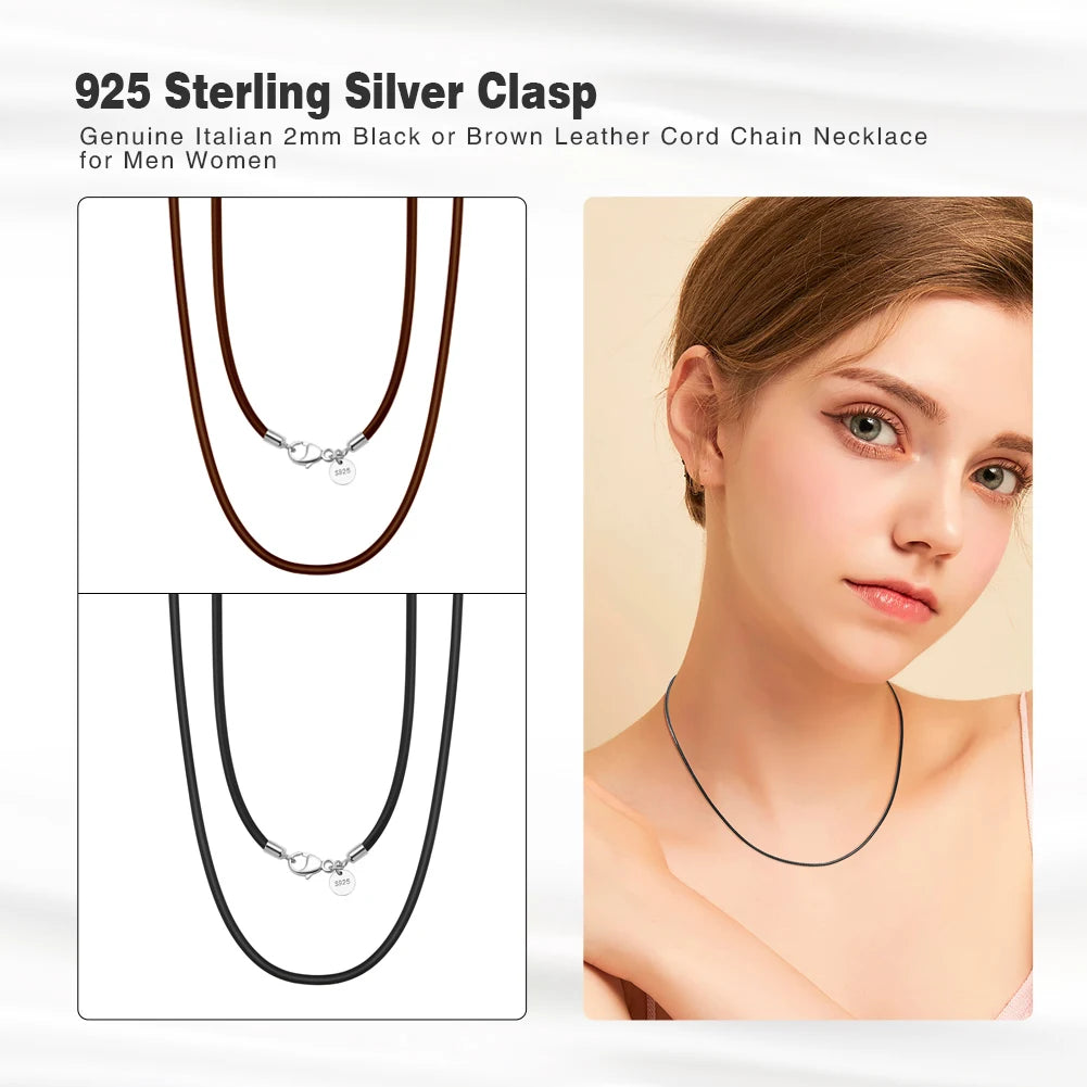Rinntin Genuine Italian 2mm Black Leather Cord Chain Necklace for Women Men with 925 Sterling Silver Clasp Fashion Jewelry SC62