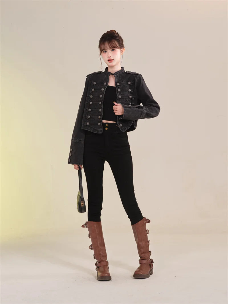 Women's American Retro Denim Military Inspired Cropped Denim Jacket Long Sleeve Stand Collar Jeans Coat Casual Motorcycle Coat