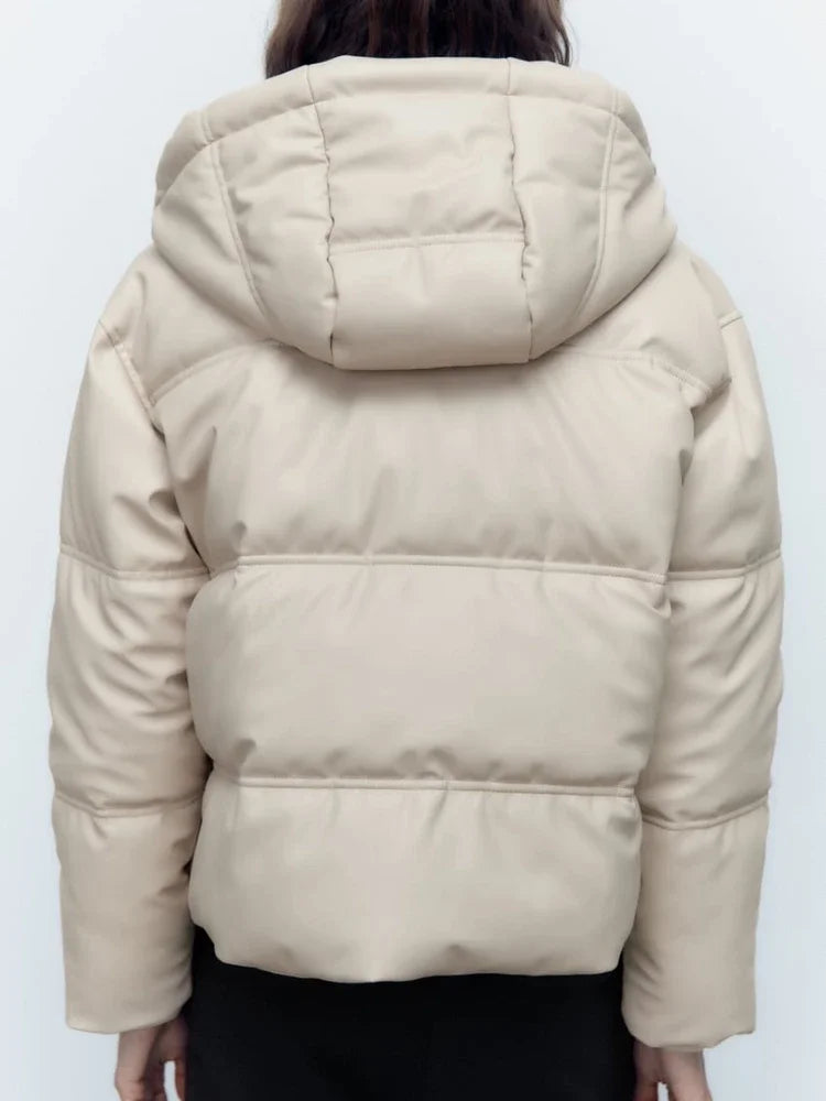Women's Autumn Winter New Thickened Warm PU Imitation Leather Short Hooded Padded Jacket Top Faux Leather Parka Jacket Coat